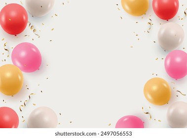 	
Vector decorative frame for invitation or greeting card with colorful realistic balloons, gold confetti, streamers and space for your text	
