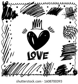 Vector decorative frame from lines and textures. The frame will fit on the day of all lovers. Hand draw lettering of the word "Love". Pencil or pen drawing textures for decoration and print.