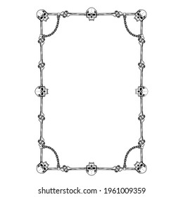 Vector decorative frame made of skulls, bones and chains. Traditional European ancient style. Border for decoration of diplomas, certificates. Drawing for design. Vector illustration.