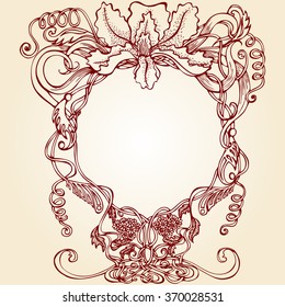 Vector decorative frame in retro style with iris outline. Design in Art Nouveau style