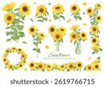 Vector decorative frame of sunflowers painted in watercolor
