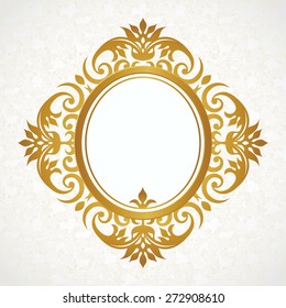 Vector decorative frame in Victorian style. Elegant element for design template, place for text. Golden floral border. Lace decor for birthday and greeting card, wedding invitation, certificate.