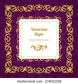 Vector decorative frame in Victorian style. Elegant element for design template, place for text. Golden floral border. Floral decor for birthday and greeting card, wedding invitation, certificate.