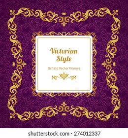 Vector decorative frame in Victorian style. Elegant element for design template, place for text. Golden floral border. Floral decor for birthday and greeting card, wedding invitation, certificate.