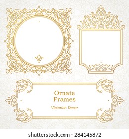 Vector decorative frame in Victorian style. Elegant element for design template. Outline floral border. Line art golden decor for birthday and greeting card, wedding invitation, Thank you message.