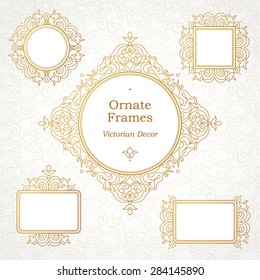 Vector decorative frame in Victorian style. Elegant element for design template. Outline floral border. Line art golden decor for birthday and greeting card, wedding invitation, Thank you message.