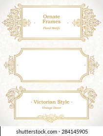 Vector decorative frame in Victorian style. Elegant element for design template. Outline floral border. Line art golden decor for birthday and greeting card, wedding invitation, Thank you message.