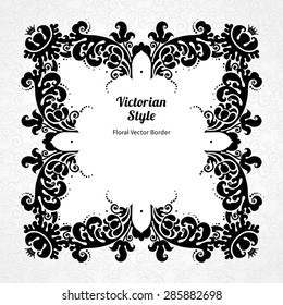 Vector decorative frame in Victorian style. Elegant element for design template. Contrast black and white border. Floral decor for birthday and greeting card, wedding invitation, certificate.
