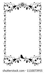 Vector decorative frame in vintage style with floral ornamental elements: vine leaves, grapes and bird. 
