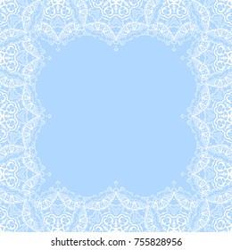 Vector decorative frame from white snowflakes on blue background. Greeting invitation card for Christmas, New Year