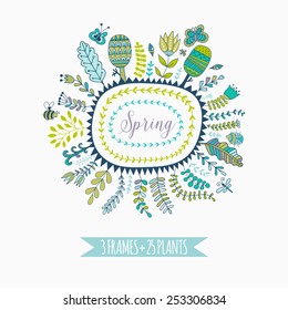 Vector decorative frames and leaf. Spring elements. Floral doodles.