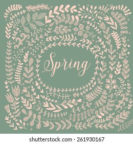 Vector decorative frames and leaf. Spring elements. Floral doodles wheath. Collection of leaf