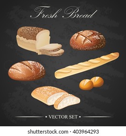 Vector decorative fresh bread set on blackboard background. Different types of bread - french baguette, rye bread, ciabatta, wheat bread, sliced bread 