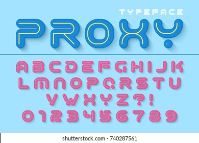 Vector decorative futuristic font design, alphabet, typeface, shadow, color swatches. Vector illustration