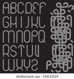 Vector decorative geometric font. Modern type made of concentric lines