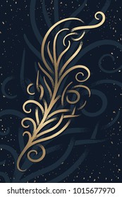 Vector decorative golden drawing of stylized bird feather