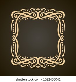 Vector decorative golden frame on dark, ornate decoration with flourishes for wedding invitation, vintage filigree border with curls and dots, ornament with sophisticated victorian design elements.