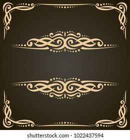 Vector decorative golden frames on dark, ornate decoration with flourishes for wedding invitation, vintage filigree dividers with curls and dots, border with sophisticated victorian design elements.