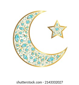 Vector Decorative Golden Moon and Star with Blue Color Shining Diamond Stones. Ramadan Kareem and Happy Eid Design Element. Crescent moon with Arabic Ornament Pattern Isolated on White Background.