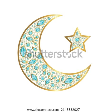 Vector Decorative Golden Moon and Star with Blue Color Shining Diamond Stones. Ramadan Kareem and Happy Eid Design Element. Crescent moon with Arabic Ornament Pattern Isolated on White Background.