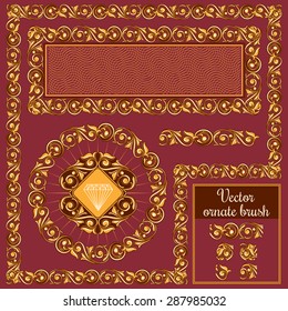 Vector decorative golden ornate design elements and brush for illustrator