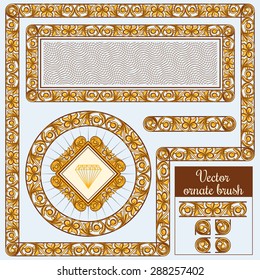 Vector decorative golden ornate design elements and brush for illustrator