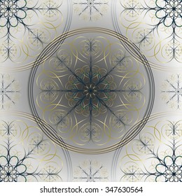 Vector decorative golden pattern on  grey  background with circles 