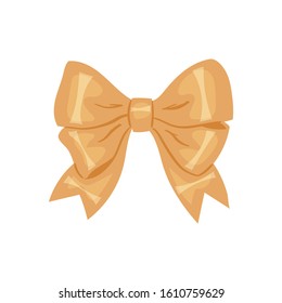 Vector decorative golden silk bow or ribbon isolated on white background. 
For hair decoration, celebration party items, gift packaging on Christmas or Birthday, present cards and luxury wrap pack.
