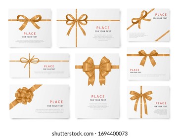 La seda dorada decorativa vectorial se dobla con cartas en blanco sobre fondo. Para el diseño de tarjetas, artículos de fiesta de celebración, embalaje de regalos, etiquetas y paquetes de envolver de lujo, etiquetas, plantilla, conjunto de maquetas