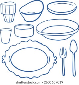 Vector decorative graphic hand-drawn illustrations of tableware: dishes, spoon, folk, glass