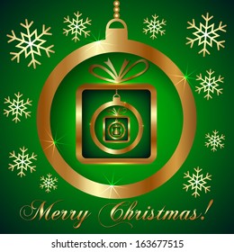 Vector Decorative Green Gold Christmas Greeting Card with SnowFlakes, Ball and Nested Gifts