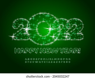 Vector decorative Greeting Card Happy New year 2022! Stars shiny Alphabet Letters and Numbers set. Shimmer chic Font