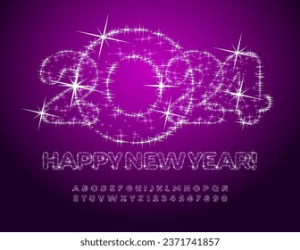 Vector decorative Greeting Card Happy New Year 2024! Shimmer chic Font. Stars shiny Alphabet Letters and Numbers set. 