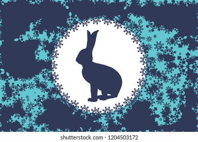 Vector decorative greeting card. Hare silhouette on snowflakes background.