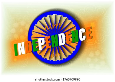 Vector decorative greeting card for Indian Independence Day, with the colors of the flag of India and the wheel of Dharmachakra or Ashoka Chakra.