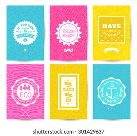  Vector decorative greeting card or invitation design. Set of patterns.  Quotation lettering, badge