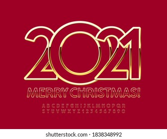 Vektordekorative Grußkarte Frohe Weihnachten 2021! Chic Rot und Gold Font. Schöne Alphabet-Buchstaben und -Zahlen-Set
