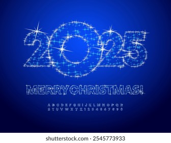 Vector decorative Greeting Card Merry Christmas 2025! Sparkling Font. Stars shiny Alphabet Letters and Numbers set. 