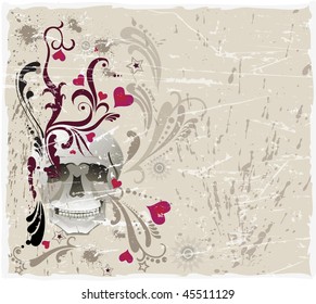 Vector decorative grunge background with skull, hearts and pattern