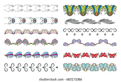 Vector Decorative Hand drawn floral doodle Boarders. Brushes set with seamless texture. Tribal ethnic isolated design elements collection. All used pattern brushes are included in brush palette