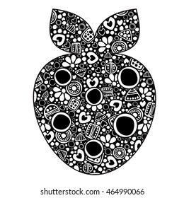 Vector decorative hand drawn fruits illustration. Black and white strawberry with ornamental decorative elements with traditional motives, geometric figures, dots and flowers, isolated on the white. 