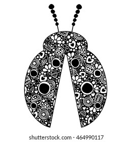 Vector decorative hand drawn insect illustration. Black and white ladybug with ornamental decorative elements with traditional motives, geometric figures, dots and flowers, isolated on the white. 