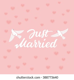 Vector decorative hand drawn lettering of text Just Married and illustration of birds on pink
