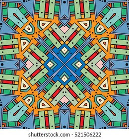 Vector decorative hand drawn seamless pattern. Colorful abstract geometric background, stylized floral mandala ornament. Tribal ethnic arabic, indian, turkish motif, repeating texture