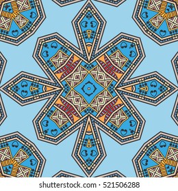 Vector decorative hand drawn seamless pattern. Colorful abstract geometric background, stylized floral mandala ornament. Tribal ethnic arabic, indian, turkish motif, repeating texture