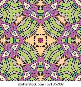 Vector decorative hand drawn seamless pattern. Colorful abstract geometric background, stylized floral mandala ornament. Tribal ethnic arabic, indian, turkish motif, repeating texture