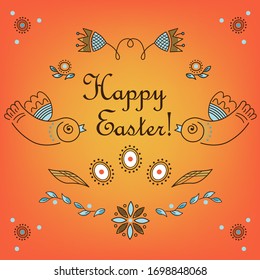 Vector decorative happy easter square illustration, color drawings of eggs, birds, flowers, line art, hygge style. Folk vintage embroidery, ornament on a orange background.