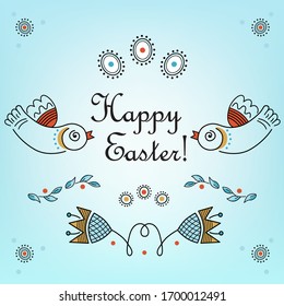 Vector decorative happy easter square illustration, color drawings of eggs, birds, flowers, line art, hygge style. Folk vintage embroidery, ornament on a light blue background.