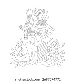 Vector decorative Happy New Year lettering with simple patterns, stars, and festive elements. Isolated on a white background
