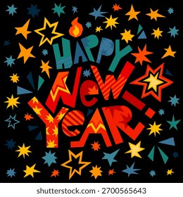 Vector decorative Happy New Year lettering with simple patterns, stars, and festive elements. Isolated on a white background